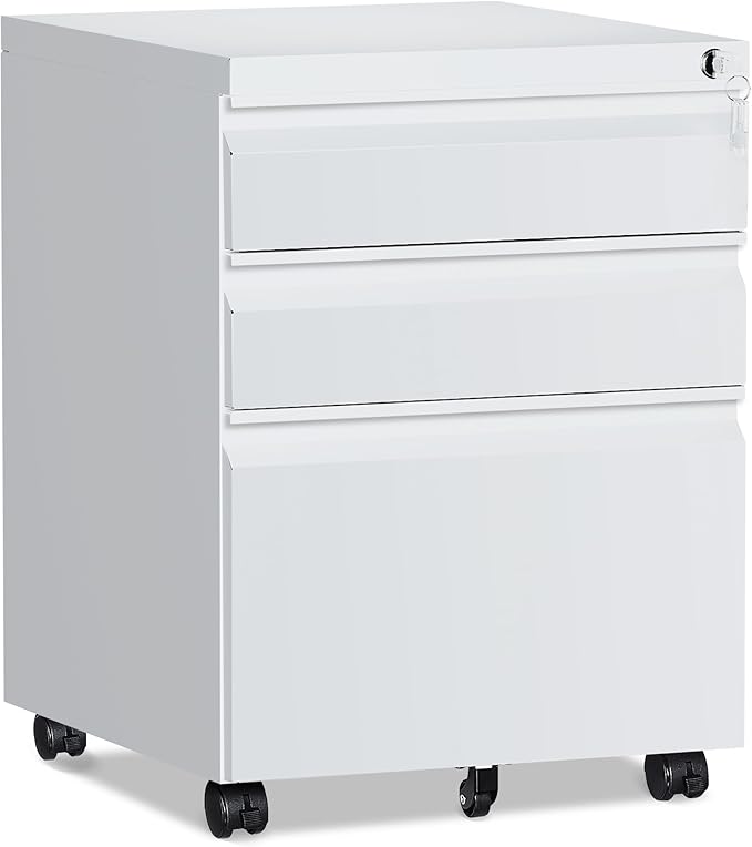 3 Drawer File Cabinet，Mobile Filing Cabinet with Lock and Wheels，Fully Assembled Metal Under Desk File Cabinets for A4/Letter/Legal Size（White