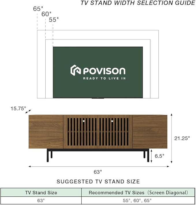 POVISON Full Assembled Mid-Century Modern TV Stand with Slatted Doors, Wood Media Console for 65 Inch TV, TV Console with Tall-cast Metal Legs, Entertainment Center with Storage for Living Room