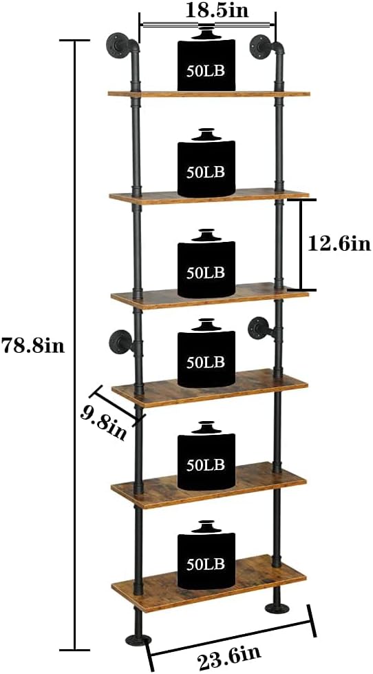 ZIOTHUM 6-Tier Industrial Pipe Shelves Shelf Shelving Rustic Wood Metal Wrought Iron Ladder Bookcase Bookshelf Wall Mounted Mount DIY Loft Vintage Floating Hanging Storage Display (23.6x9.8x78.7”)