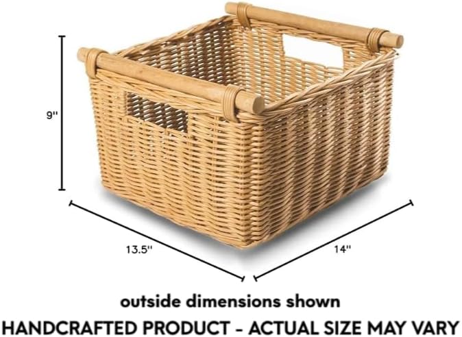 The Basket Lady Deep Pole Handle Wicker Storage Basket, Medium, 13.5 in L x 14 in W x 9 in H, Sandstone