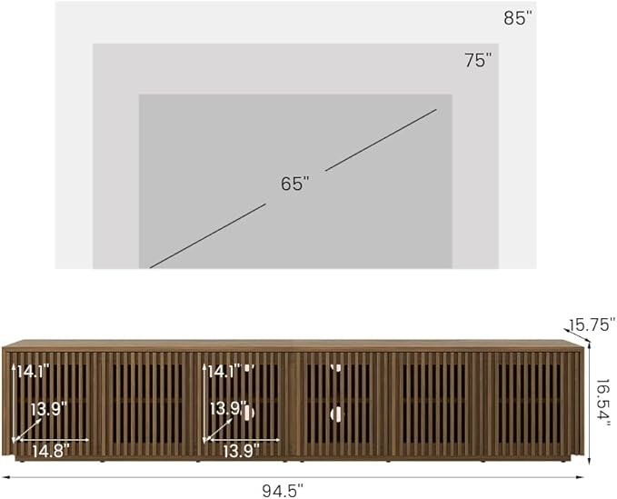 POVISON Full Assembled Mid Century Modern TV Stand, Wood Slatted Media Console for 75+ inch TV, Entertainment Center with Storage for Living Room, Low Cabinet with Removable Shelves