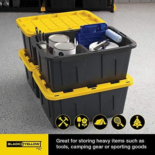 CX BLACK & YELLOW, 27-Gallon Heavy Duty Tough Storage Container & Snap-Tight Lid, (14.3"H x 20.6"W x 30.6"D), Weather-Resistant Design and Stackable Organization Tote [4 Pack]