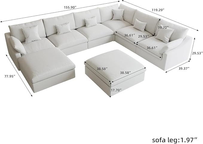 Cloud Couch Modular Sectional Sofa,156" Oversized U Shaped Couch with Ottoman,Down Filled 8 Seater Convertible Sofa Bed Living Room Set,Covers Washable&Replaceable (White)