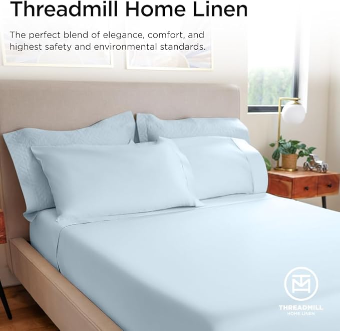 Threadmill 100% Cotton Sheets for Queen Size Bed - 600 Thread Count Queen Bed Sheets Set with 16” Deep Pocket - Sateen Weave 4-Piece Bedding Set with Cooling Effect, Blue