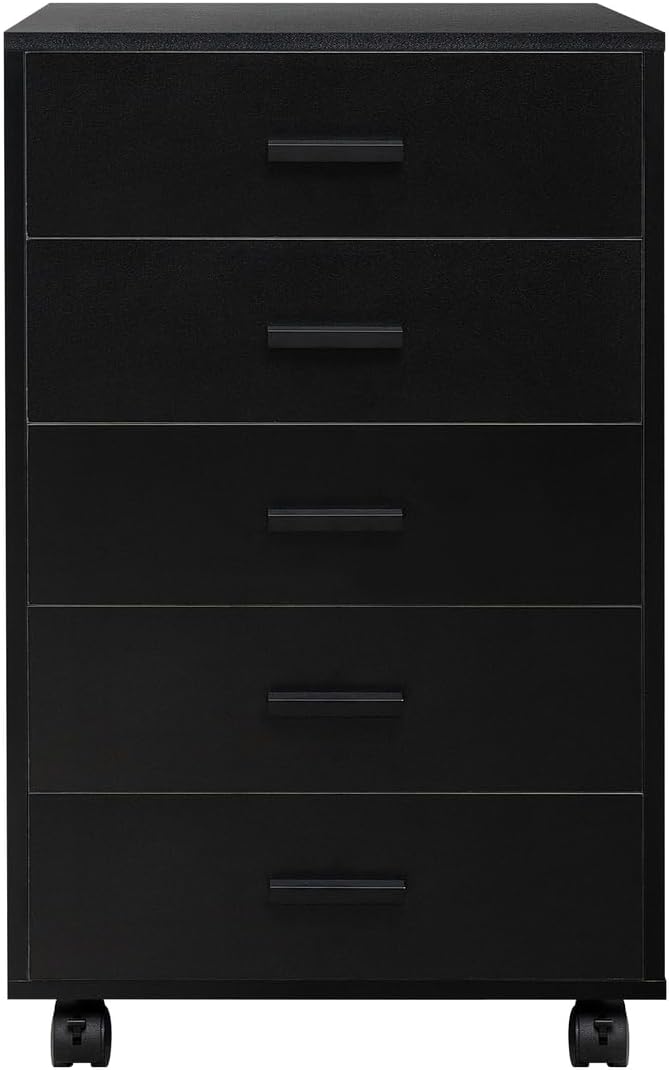 Naomi Home 5-Drawer Under Desk Rolling Storage Cart - Mobile Organizer with Lockable Casters, Black Engineered Wood for Office Dorm Apartment, Scratch-Resistant 15.7 x 15.7 x 26 Inches