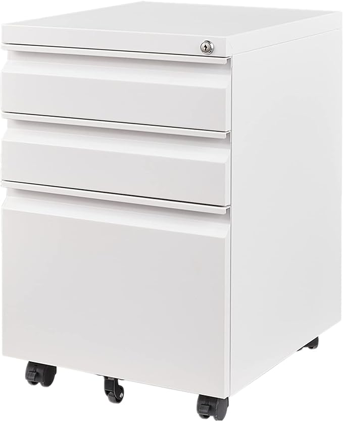 3 Drawers File Cabinet with Lock Metal Vertical File Cabient with Wheels Mobile File Cabinet for Office Home Fully Assembled (White)