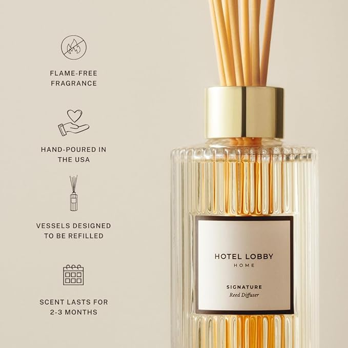 Hotel Lobby Signature Reed Diffuser – Long Lasting – Agarwood, Vetiver & Atlas Cedar – Refillable Glass Vessel – 9 Diffuser Reeds – Made in USA – 5.0 fl oz (150ml), 10 ¾” H