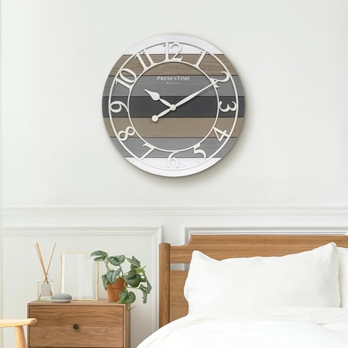 Presentime & Co Modern Farmhouse Shiplap Clock, 19.5 inch, White Arabic Numerals with Multicolor Woodgrain Shiplap Style. Large Farmhouse Decor for Living Room, Entryway, Home Office. Wall Décor