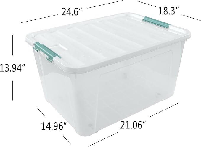 Pekky 85 Quart Clear Storage Bin on Wheels, 4-Pack Large Plastic Latching Box