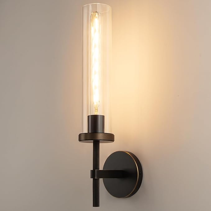 19.5" Knurled Brass Wall Sconce with Clear Glass Tube, Black Gold Bathroom Vanity Light Fixtures, Modern Lamp Lighting for Bedroom, Living Room, Hallway, Staircase, Mirror, Kitchen