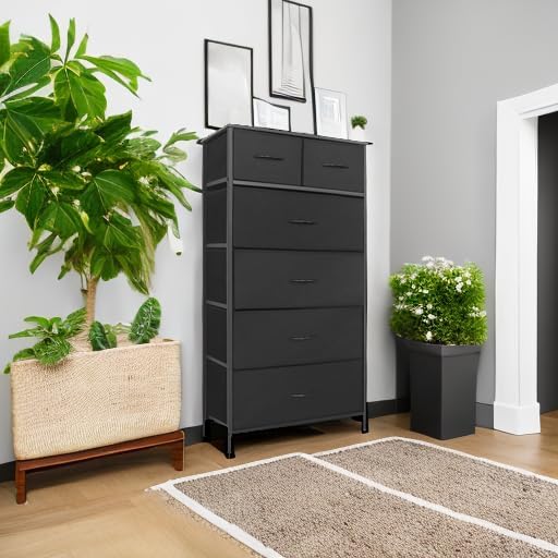 Tall Dresser for Bedroom, Vertical Storage Organizer Tower with 6 Drawers, Chest of Drawers with Fabric Bins, Steel Frame, Wood Top for Bedroom, Closet, Entryway- Black
