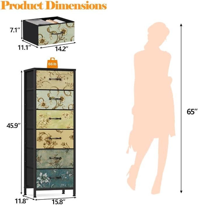 Furnulem Tall 6 Drawers Dresser, Vintage Storage Organizer Unit with Fabric Bins for Bedroom, Living Room, Closet, Nusery, Dorm, Entryway, Bedside Furniture, Sturdy Metal Frame, Wood Top