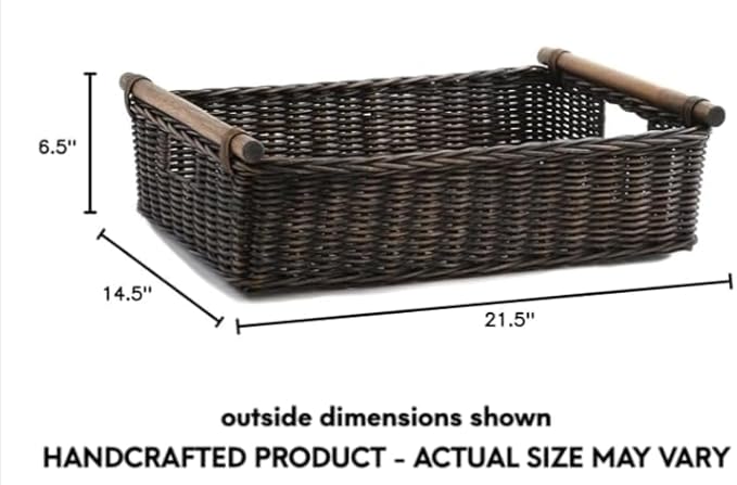 The Basket Lady Low Pole Handle Wicker Storage Basket, Extra Large, 21.5 in L x 14.5 in W x 6.5 in H, Antique Walnut Brown