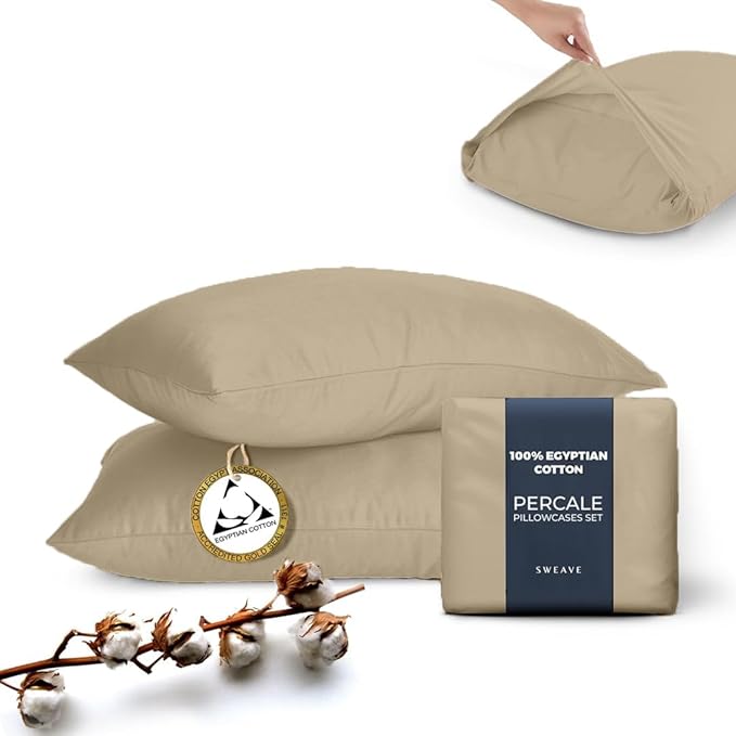 100% Egyptian Cotton Percale Pillow Cases Set - Luxurious 400 Thread Count, Breathable & Skin-Friendly - Softer After Each Wash - Oeko-TEX Certified