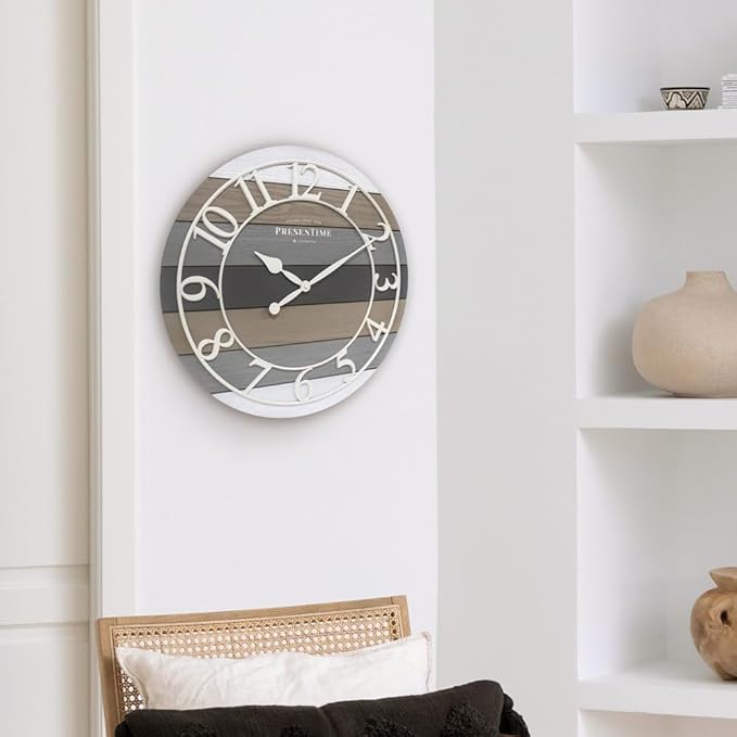 Presentime & Co Modern Farmhouse Shiplap Clock, 19.5 inch, White Arabic Numerals with Multicolor Woodgrain Shiplap Style. Large Farmhouse Decor for Living Room, Entryway, Home Office. Wall Décor