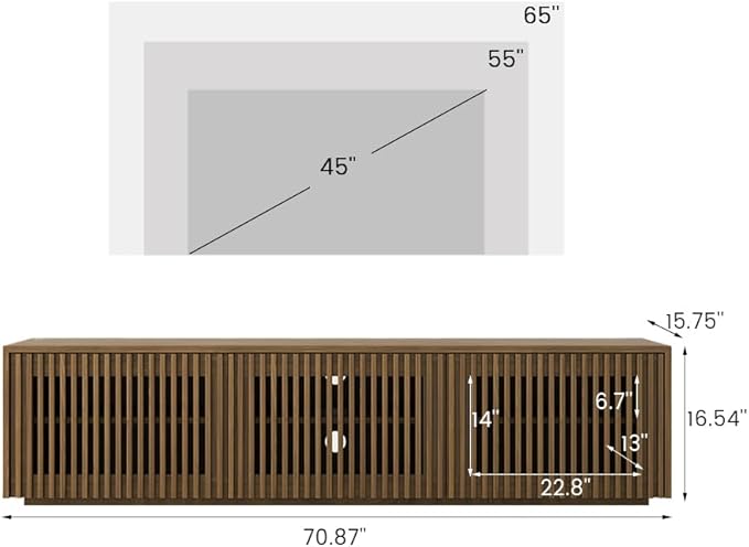 POVISON Full Assembled Mid Century Modern TV Stand, Wood Slatted Media Console for 65 inch TV, Entertainment Center with Storage for Living Room, Low Cabinet with Removable Shelves