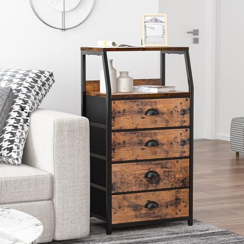 Furnulem Night Stand, Tall 4 Drawers Dresser for Bedroom, Hallway, Nursery, Closet Organizer, Nightstand Bedside Table Furniture, Vertical Storage Tower Fabric, Sturdy Steel Frame, Wood Top