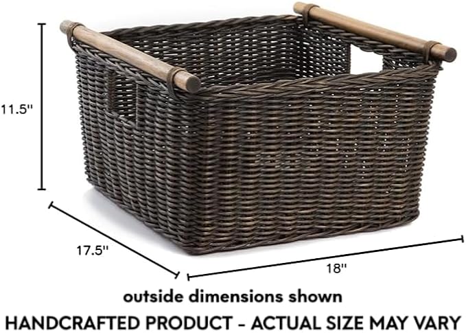 The Basket Lady Deep Pole Handle Wicker Storage Basket, Extra Large, 17.5 in L x 18 in W x 11.5 in H, Antique Walnut Brown