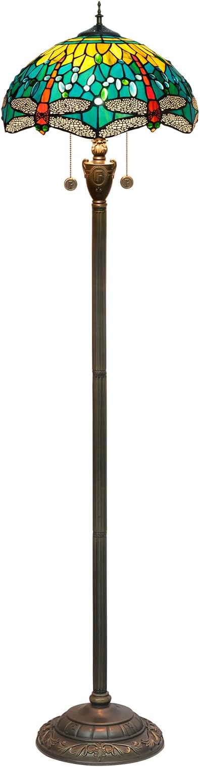Tiffany Floor lamp Stained Glass Lamps for Living Room Bedroom Office Rustic Corner Standing Tall Vintage Light Kids Unique Pulling Chain Green Dragonfly Style Lighting