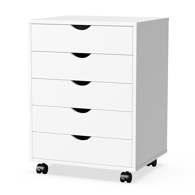 5 Drawer Chest, Storage Cabinets Wooden Mobile Cabinet with Wheels Room Organizer, Small Drawers Wood Organization Furniture for Office, Home, White