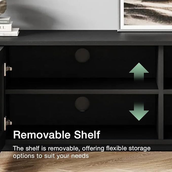 POVISON Full Assembled Mid Century Modern TV Stand, Black Entertainment Center for 65 inch TV, Wood Slatted Media Console with Storage, Low TV Cabinets for Living Room Bedroom, Oak Veneer