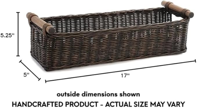 The Basket Lady Long Narrow Pole Handle Wicker Basket, Small, 17 in L x 5 in W x 5.25 in H, Antique Walnut Brown