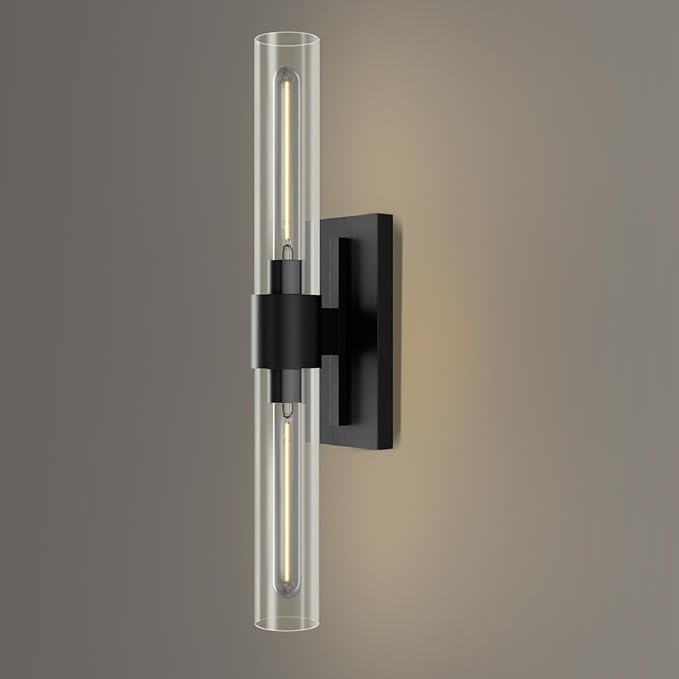 Black Wall Sconce for Bathroom Vanity, Copper Wall Light Fixtures, 22.8" Modern Two Glass Tube Wall Sconce, Indoor Wall Mounted Sconce for Bathroom Mirror, Bedroom, Living Room