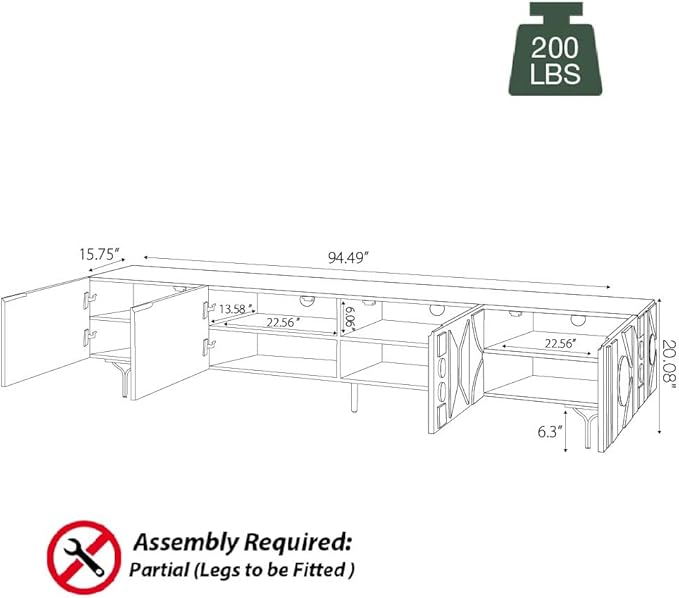 POVISON 94'' Smoky Black Fully Assembled TV Stand with Storage, Mid Century Modern TV Stand, Entertainment Center for Living Room, Wood Media Console TV Cabinet for 85 Inch TV, Metal Legs