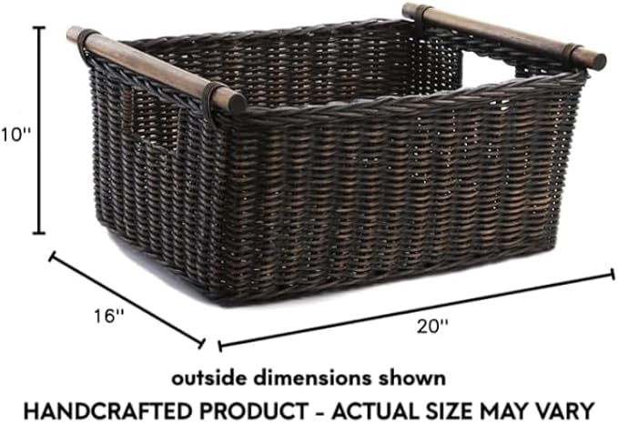 The Basket Lady Pole Handle Wicker Storage Basket, Extra Large, 20 in L x 16 in W x 10 in H, Sandstone