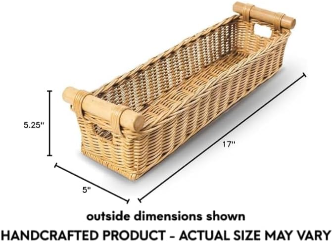 The Basket Lady Long Narrow Pole Handle Wicker Basket, Small, 17 in L x 5 in W x 5.25 in H, Sandstone