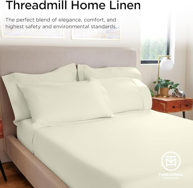 Threadmill 100% Cotton Sheets for Twin XL Size Bed - 600 Thread Count Twin XL Bed Sheets Set with 15” Deep Pocket - Sateen Weave 3-Piece Bedding Set with Cooling Effect, Ivory