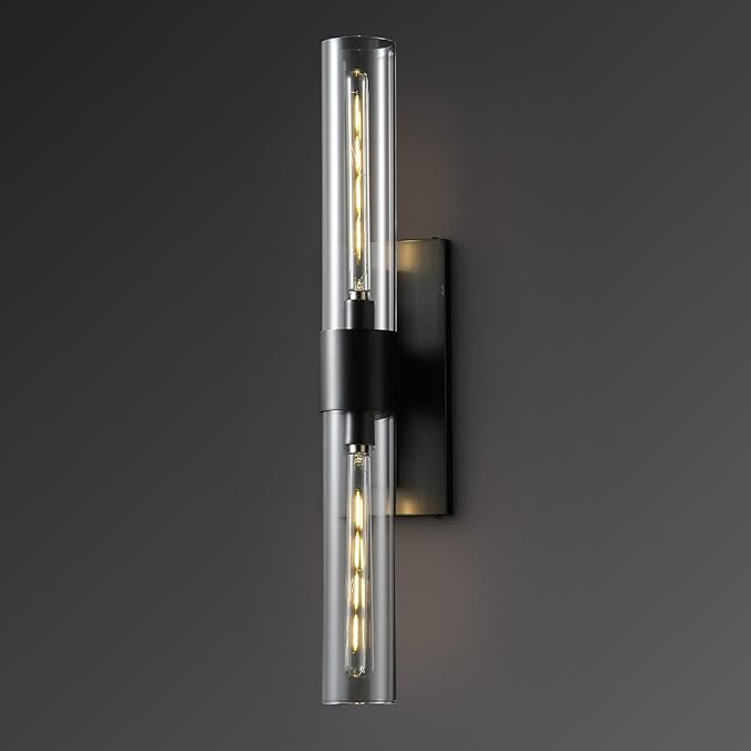 Black Bathroom Wall Sconces, 22.8" Bathroom Vanity Light with Tube Glass, Horizontal or Vertical Linear Wall Sconces,Black Vanity Light, Indoor Wall Sconce for Living Room, Bedroom, Hallway