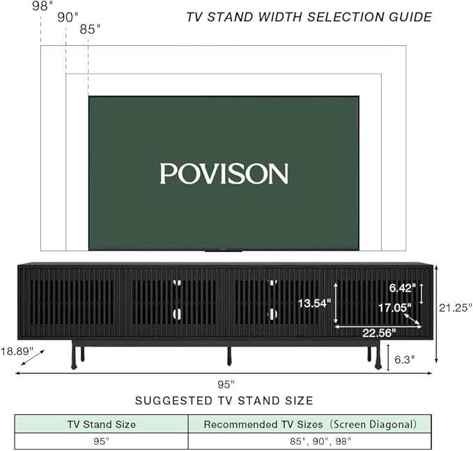 POVISON Mid-Century Modern TV Stand with Slatted Doors, Fully Assembled 94.49" Wood Media Console, TV Console with Tall-cast Metal Legs, Entertainment Center with Storage for Living Room