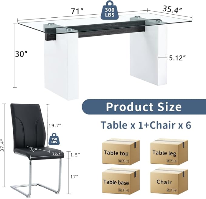 FURNITO Modern Dining Table Set for 6, Kitchen Table and Chairs for 6,71 in Glass Dining Table with 6 PU Leather Dining Chairs for Kitchen Dining Room（White Table+6 Black Chair）
