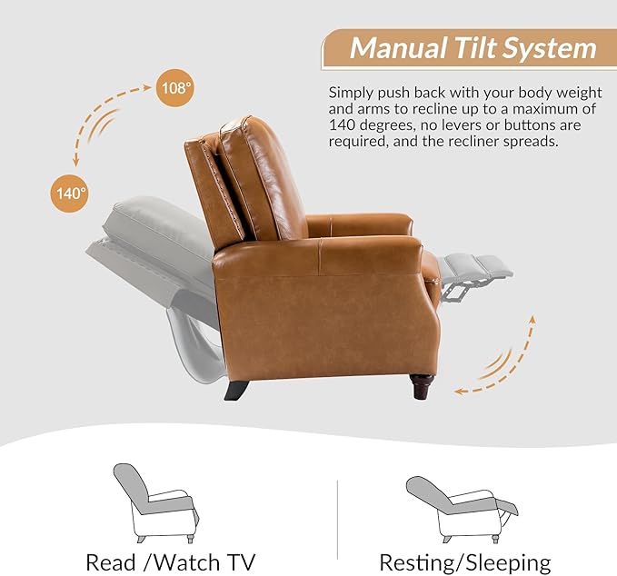 HULALA HOME Genuine Leather Recliner Chair, Classic Push Back Manual Recliner Armchair with Thick Seat and Backrest for Bedroom Living Room Reading Home Relax Office(Camel)