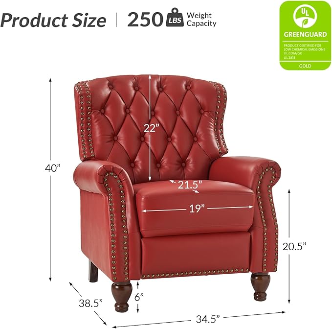 HULALA HOME Genuine Leather Recliner Chair with Solid Wood Legs, Modern Adjustable Tufted Push Back Arm Chair w/Rivet Decoration, Home Theater Seating Single Reclining Sofa for Living Room, Red