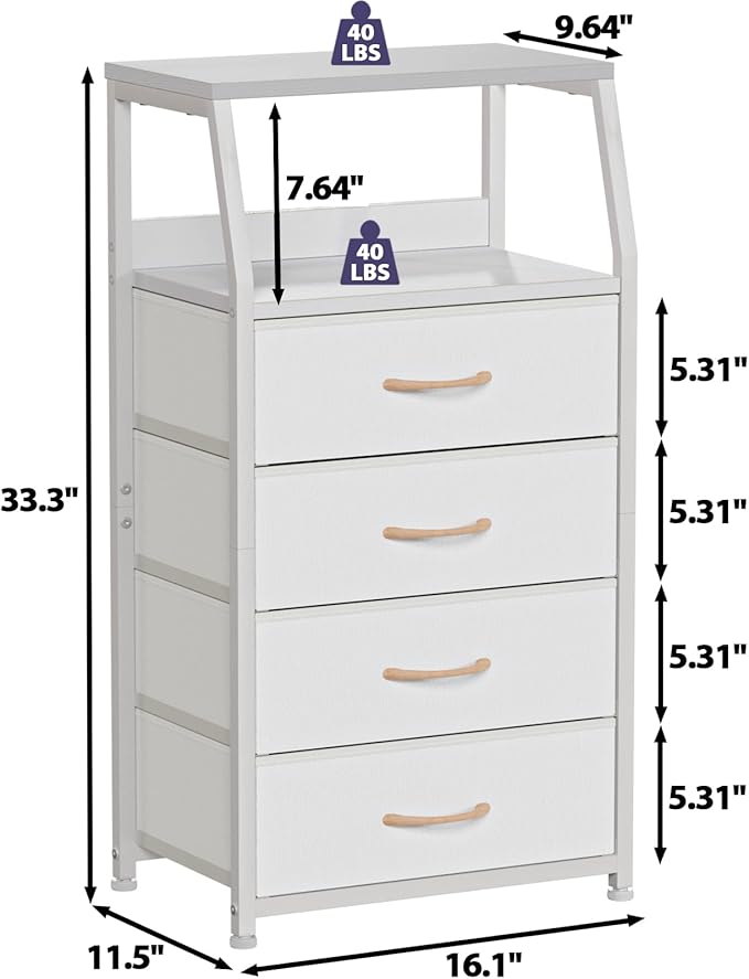 Furnulem Tall 4 Drawers Dresser, Vertical Storage Tower for Bedroom, Hallway, Entryway, Nursery, Closet Organizer, Nightstand Bedside Table Furniture, Sturdy Steel Frame, Wood Top, White
