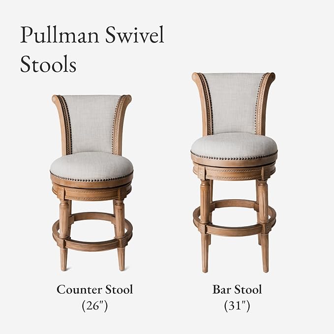 Maven Lane Pullman Counter Stool 26 Inches – Set of 2 – Swivel Stools with Footrest – Light Brown Solid Wood Frame & Natural Fabric Upholstery – Perfect for Kitchen Islands & Counters