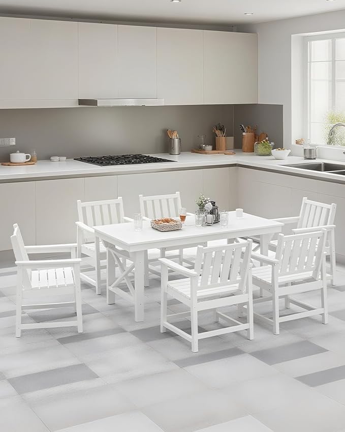 QUASCO Outdoor HDPE Dining Table Set, 7-Piece Patio Dining Furniture Sets with Umbrella Hole Table and 6 Chairs for Backyard, Poolside, Garden and Lawn, White