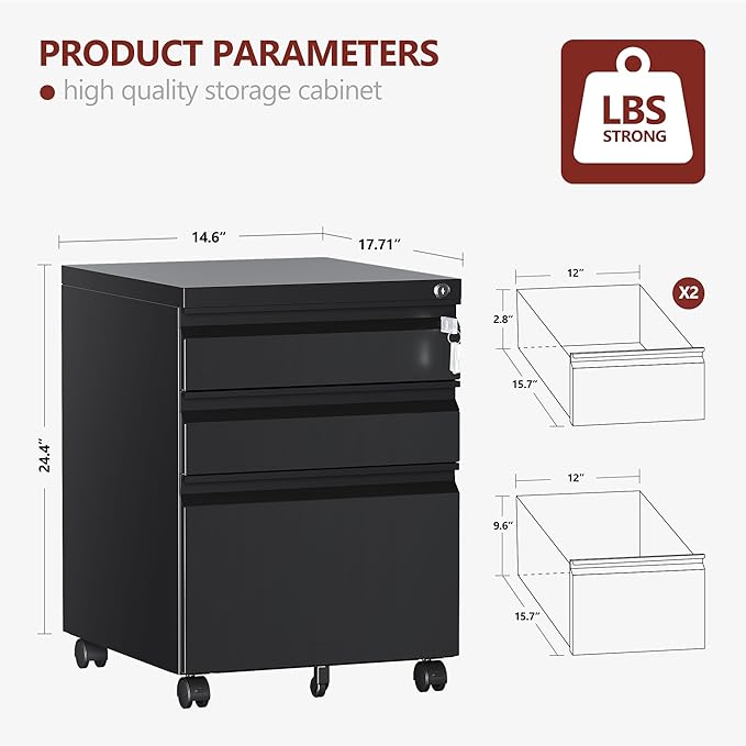 3 Drawer File Cabinet，Mobile Filing Cabinet with Lock and Wheels，Fully Assembled Metal Under Desk File Cabinets for A4/Letter/Legal Size（Black