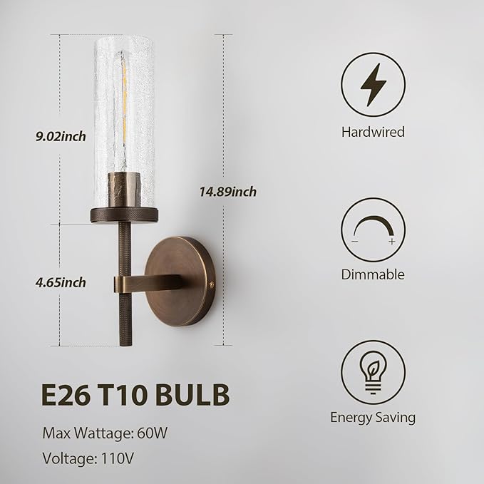 15" Knurled Brass Wall Sconce with Crackle Glass Tube, Bronze Bathroom Vanity Light Fixtures, Modern Lamp Lighting for Bedroom, Living Room, Hallway, Staircase, Mirror, Kitchen