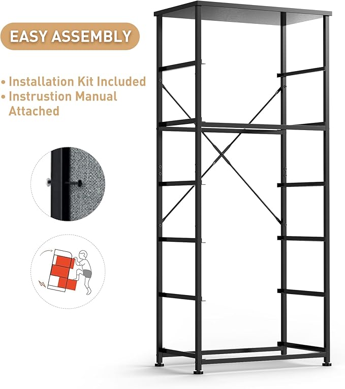 Tall Fabric Dresser for Bedroom, Vertical Storage Organizer Tower with 6 Drawers, Chest of Drawers with Bins, Steel Frame, Wood Top for Bedroom, Closet, Entryway Black