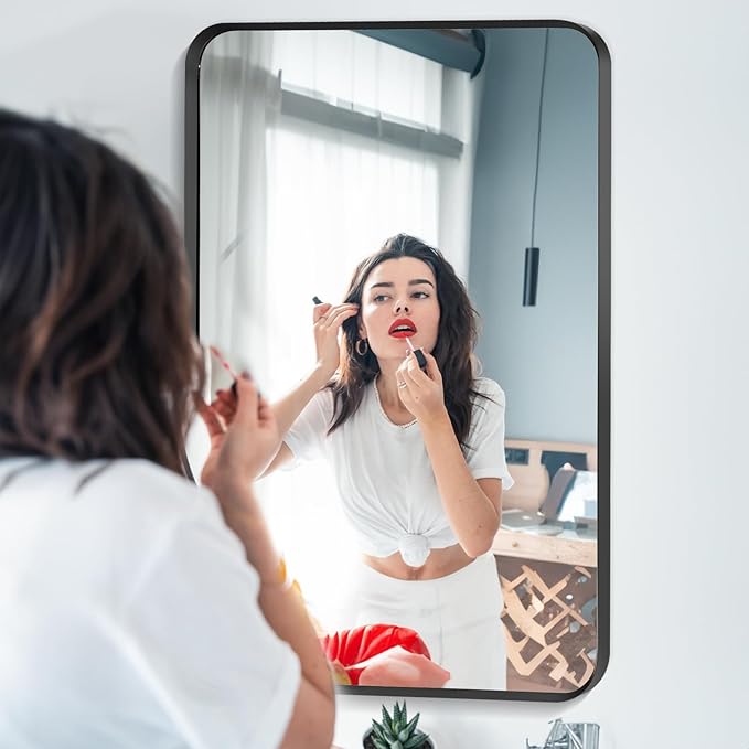 Wall Mount Mirror for Bathroom, Brush Black Metal Framed Rounded Corner Rectangular Vanity Mirror (16" x 20", Black)