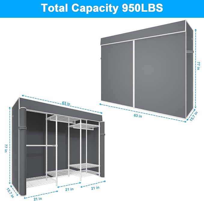 Ulif E13C Heavy Duty Closet Organizer System，Freestanding Clothing Racks for Hanging Clothes，Adjustable Garment Rack 63" W x 16" D x 77" H Hold 960 lbs，White Clothing Rack with Grey Dustproof Cover
