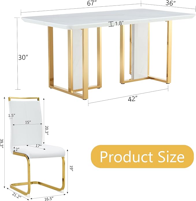 JUFU Dining Table Set for 6 with Chairs PU Upholstered, 67'' White Faux Marble Dining Room Table and Chairs, Modern 6 Chair Dining Table Set, Rectangle Dinner Table Set for Dining Room and Kitchen