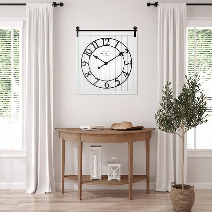 Presentime & Co Farmhouse Barn Door Clock, Shiplap Style, Cream White Color, Silent No Ticking, 3D Arabic Numeral, 23" H x 21" W. Home Decoration/Wall Decoration/Farmhouse Décor.