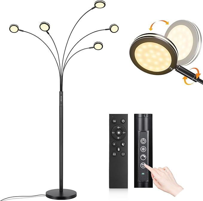 LED Arc Floor Lamp with Remote, 2250LM Dimmable Floor Lamp with Timer, Adjustable Colors, Brightness & 5 Adjustable Arms,Multi-Head Tall Tree Standing Lamp for Living Room Bedroom Corner Office, Black