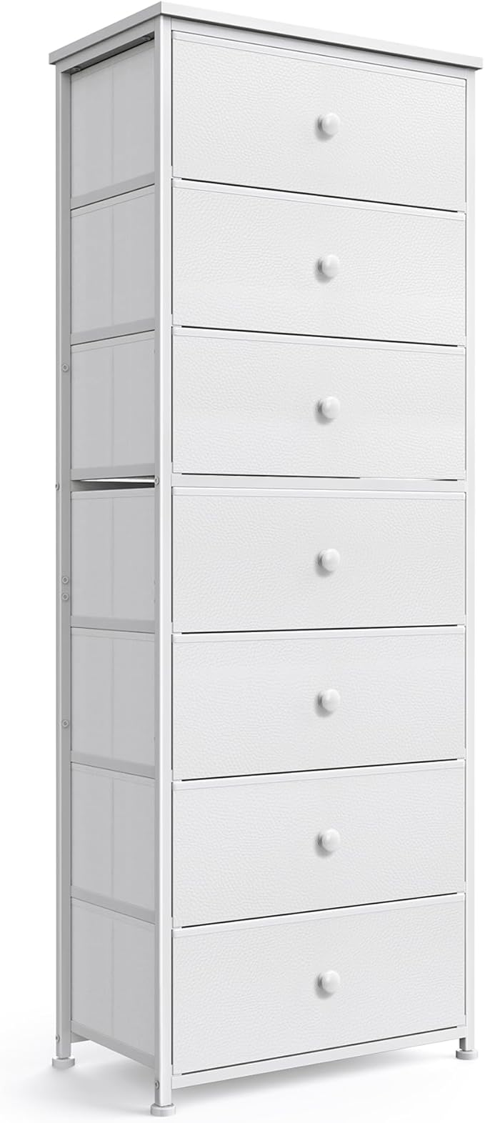 Tall Fabric Dresser for Bedroom, Vertical Storage Organizer Tower with 7 Drawers, Chest of Drawers with Bins, Steel Frame, Wood Top for Bedroom, Closet, Entryway White