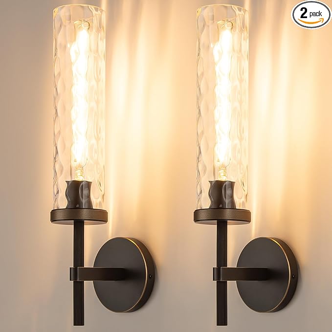 19.5" Knurled Brass Wall Sconces Set of 2, Black Gold Bathroom Vanity Light Fixtures with Water Ripples Glass Tube, Modern Lamp Lighting for Bedroom, Living Room, Hallway, Staircase, Mirror, Kitchen