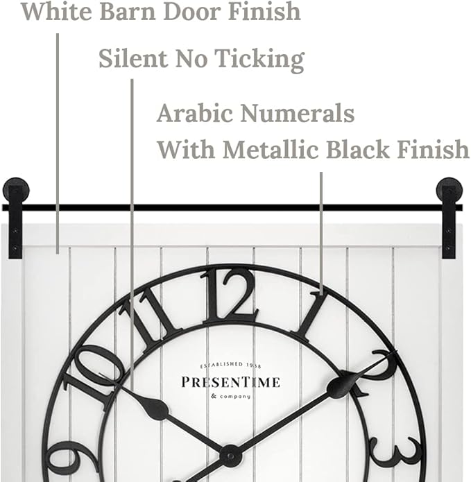 Presentime & Co Farmhouse Barn Door Clock, Shiplap Style, Cream White Color, Silent No Ticking, 3D Arabic Numeral, 23" H x 21" W. Home Decoration/Wall Decoration/Farmhouse Décor.